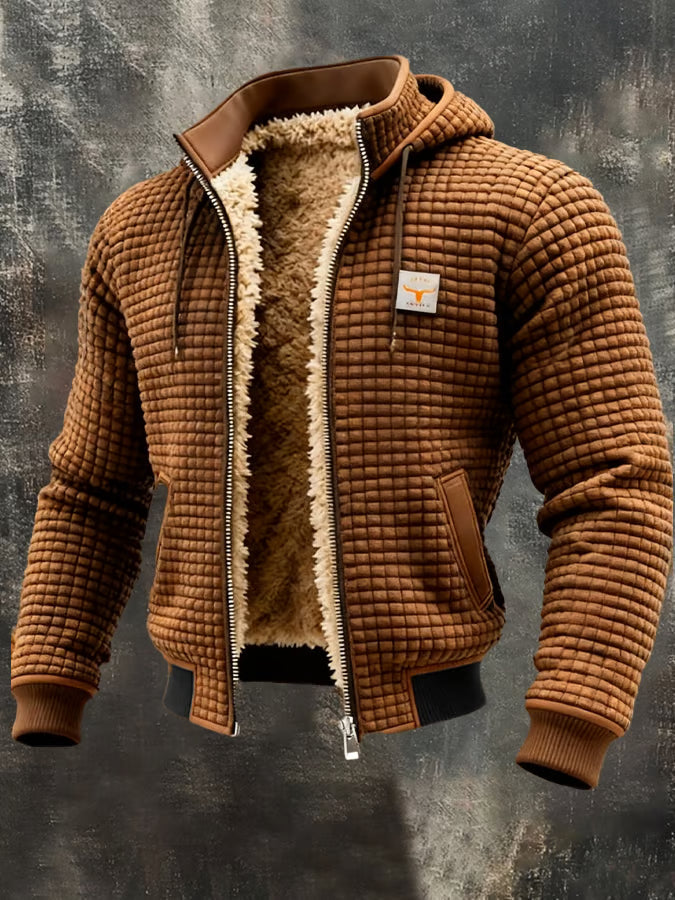 Men's Hooded Padded Jacket with Waffle Texture and Zipper