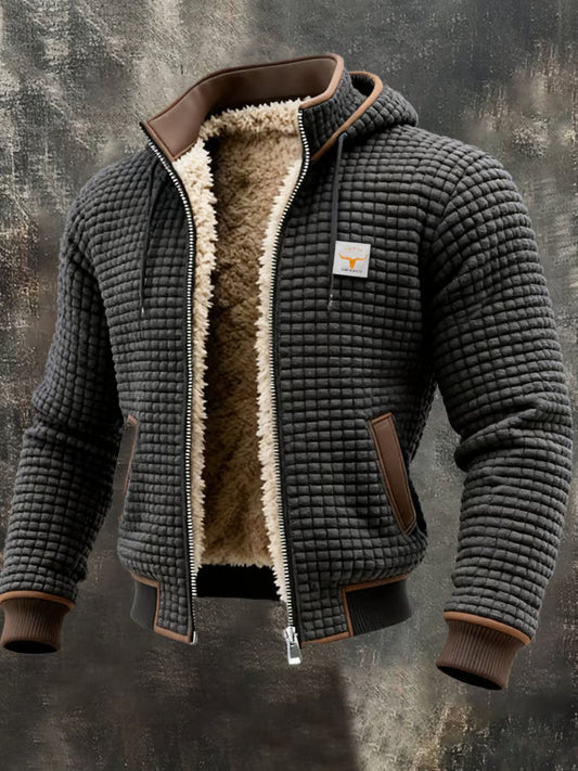 Men's Hooded Padded Jacket with Waffle Texture and Full Zip