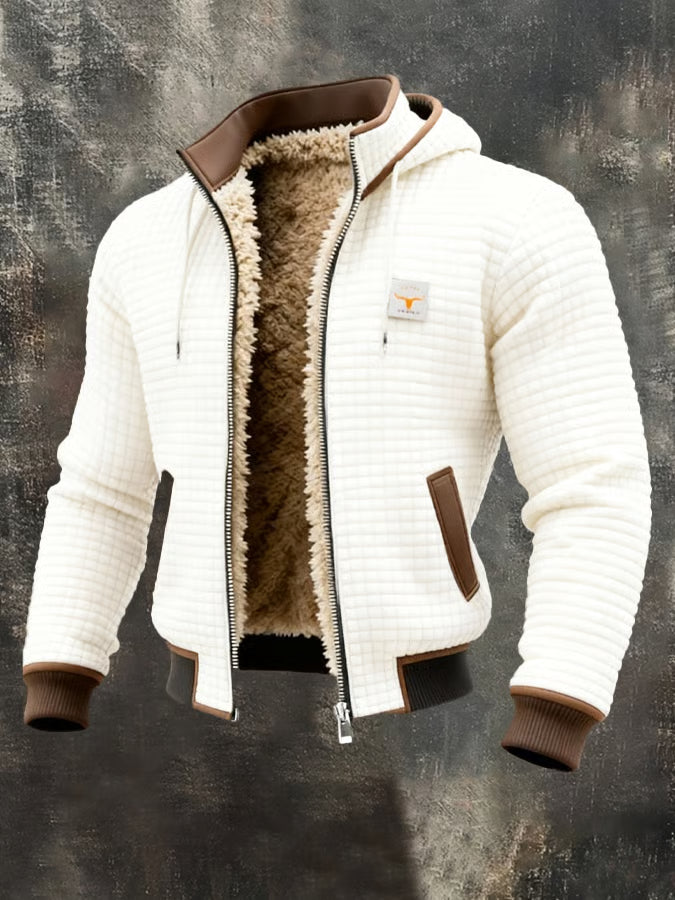 Men's Hooded Padded Jacket with Waffle Texture and Zipper