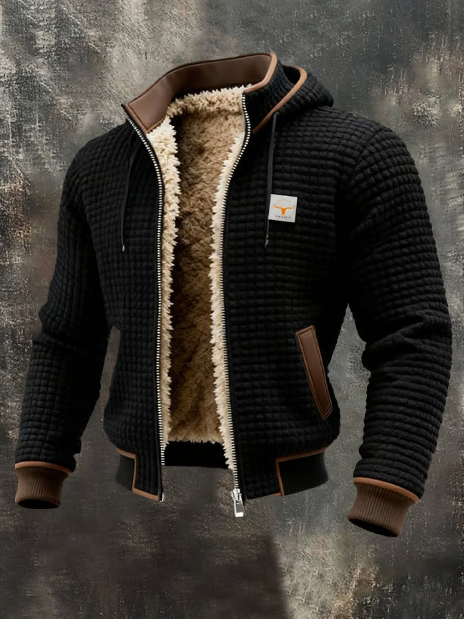 Men's Hooded Padded Jacket with Waffle Texture and Zipper
