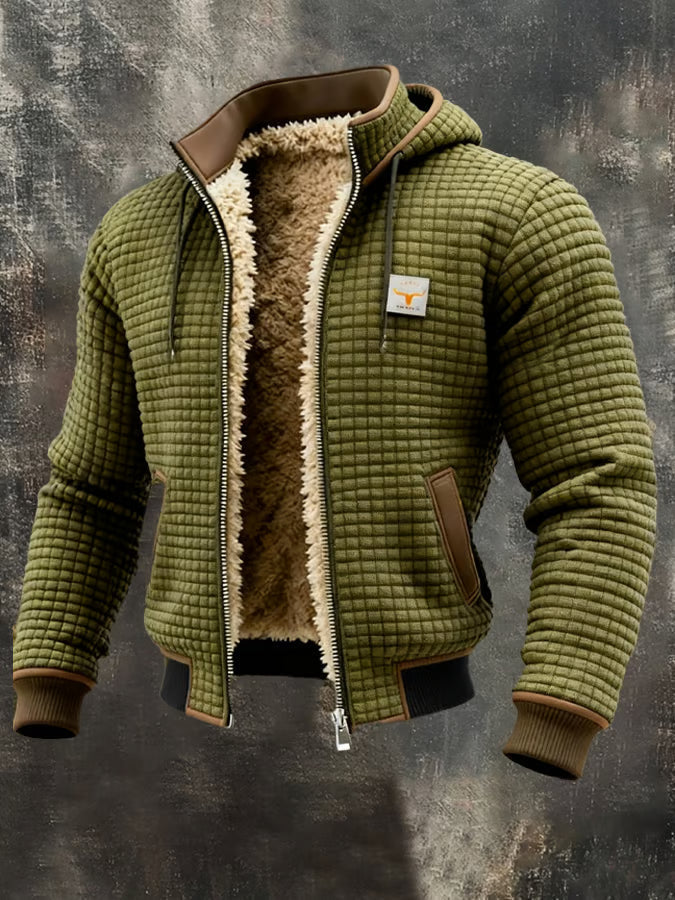Men's Hooded Padded Jacket with Waffle Texture and Zipper