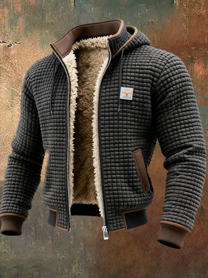 Men's Hooded Padded Jacket with Waffle Texture and Zipper