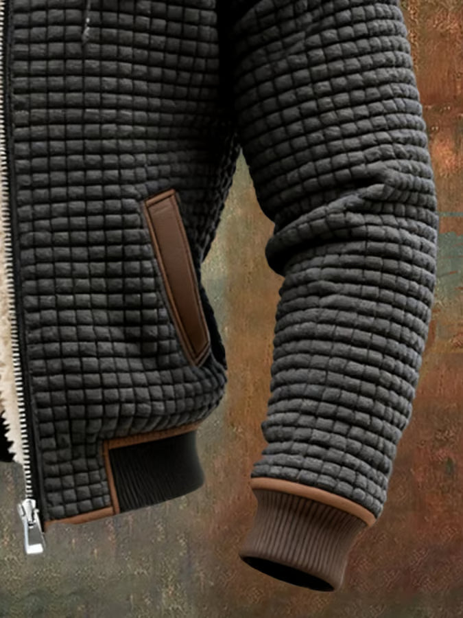 Men's Hooded Padded Jacket with Waffle Texture and Zipper