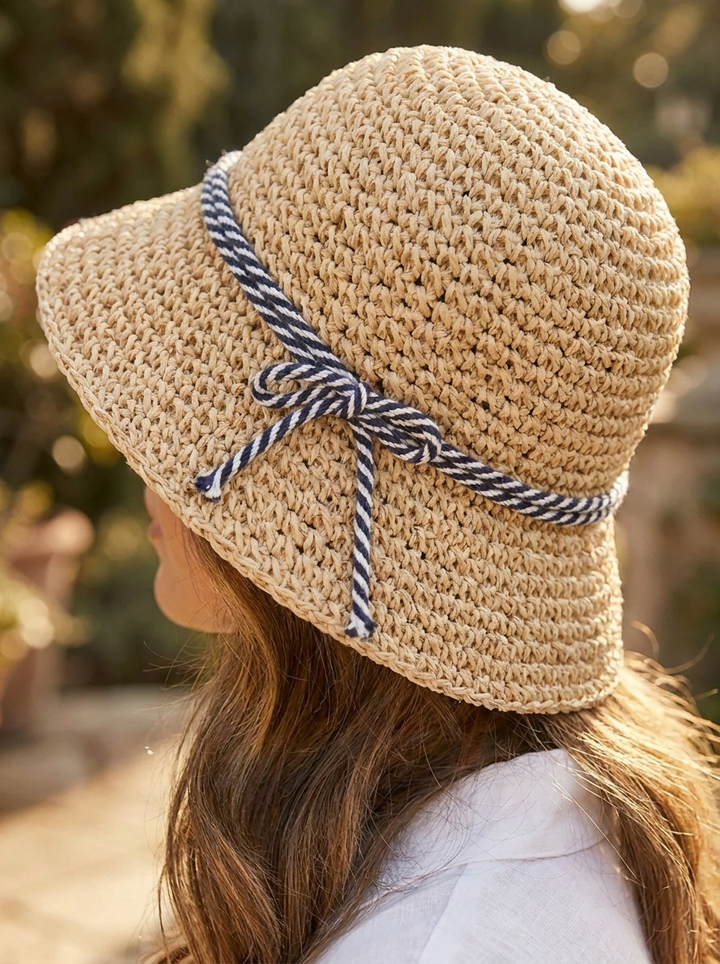 Women's Braided Straw Hat with Adjustable Drawstring