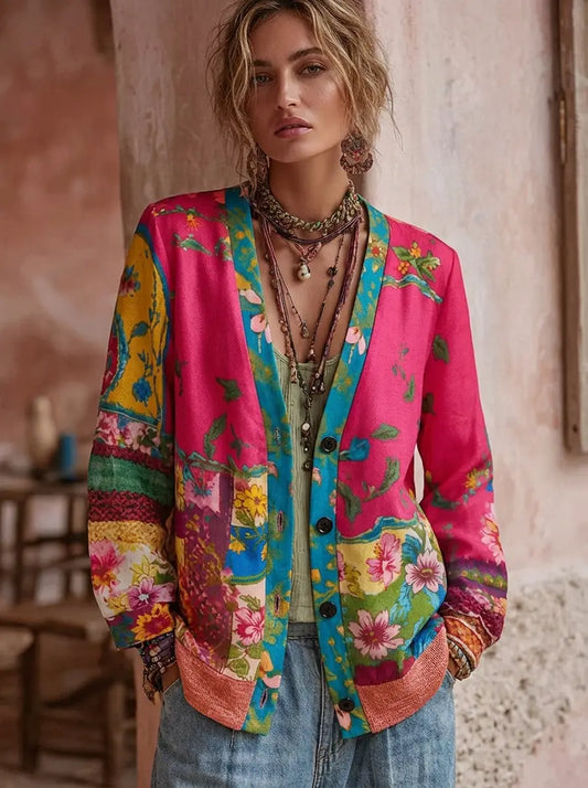 Women's Floral Embroidered Cardigan with Vintage Style for Fall