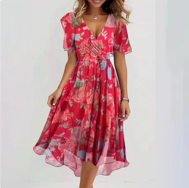 Annegret | Women's V-Neck Short Sleeve Summer Midi Dress