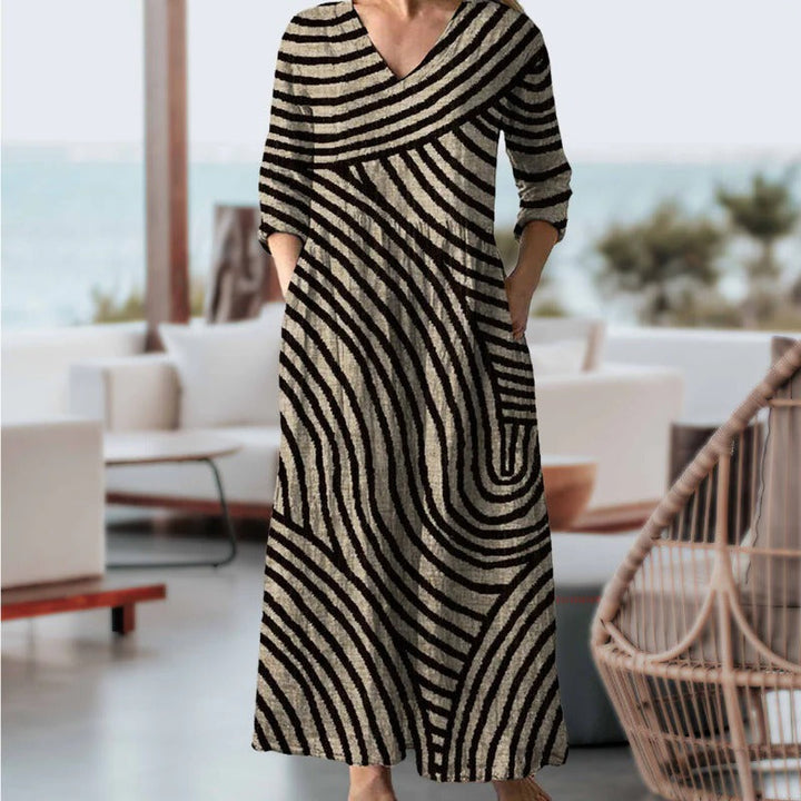 Women's Vintage Stripe V-Neck Midi Dress for Timeless Style