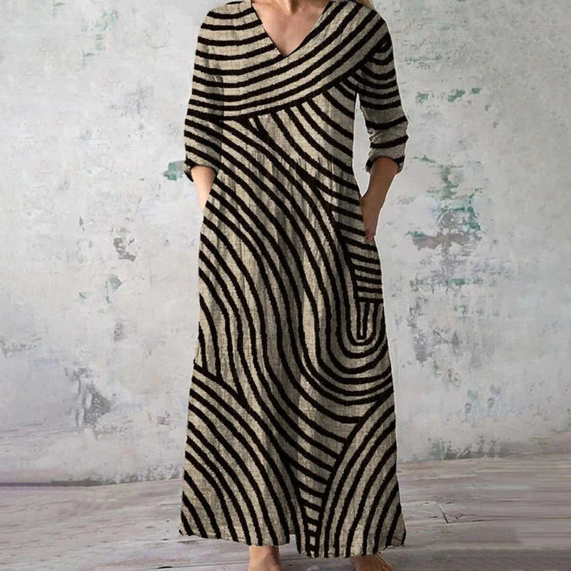 Women's Vintage Stripe V-Neck Midi Dress for Timeless Style