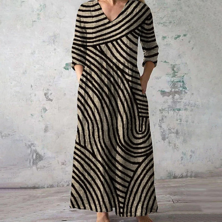 Women's Vintage Stripe V-Neck Midi Dress for Timeless Style