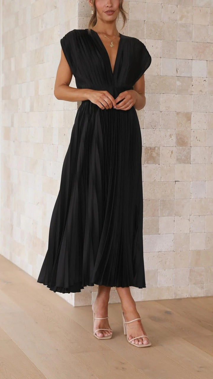 Women's Pleated V-Neck Long Dress