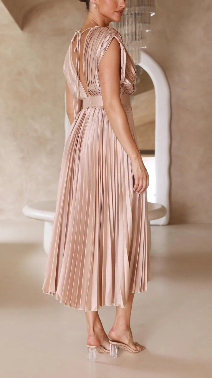Women's Pleated V-Neck Long Dress