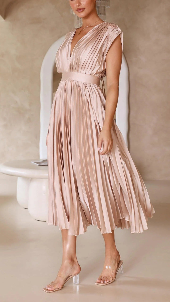 Women's Pleated V-Neck Long Dress