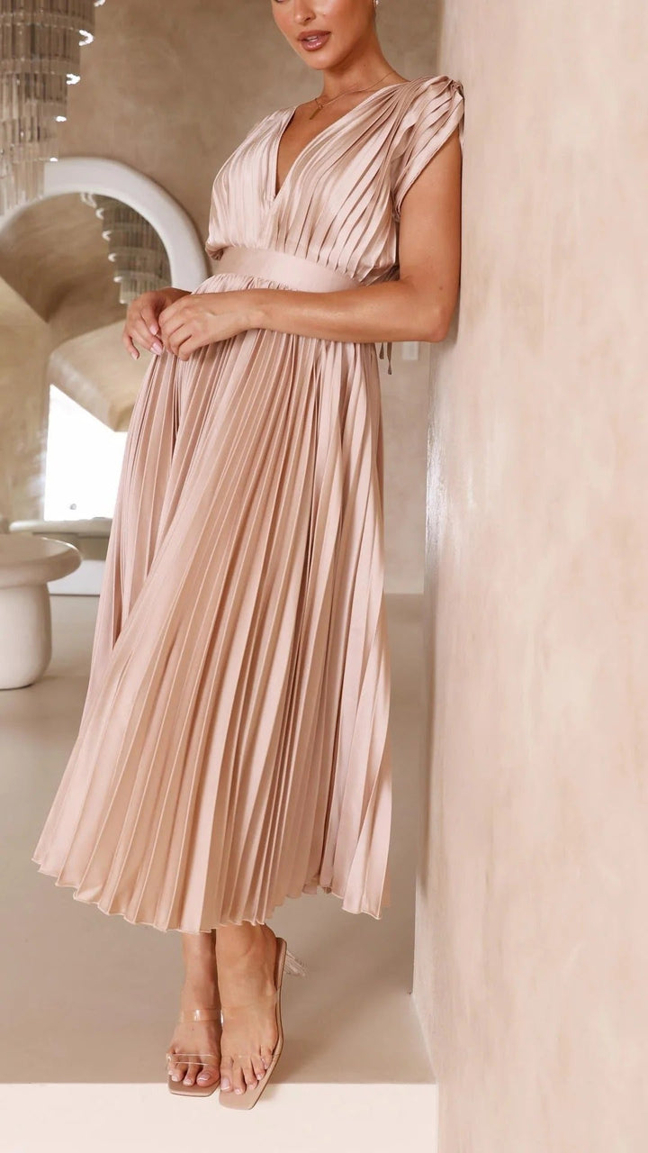 Women's Pleated V-Neck Long Dress