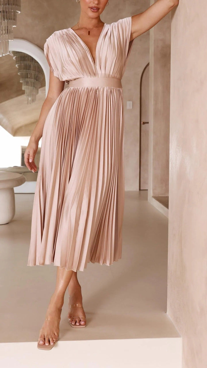 Women's Pleated V-Neck Long Dress