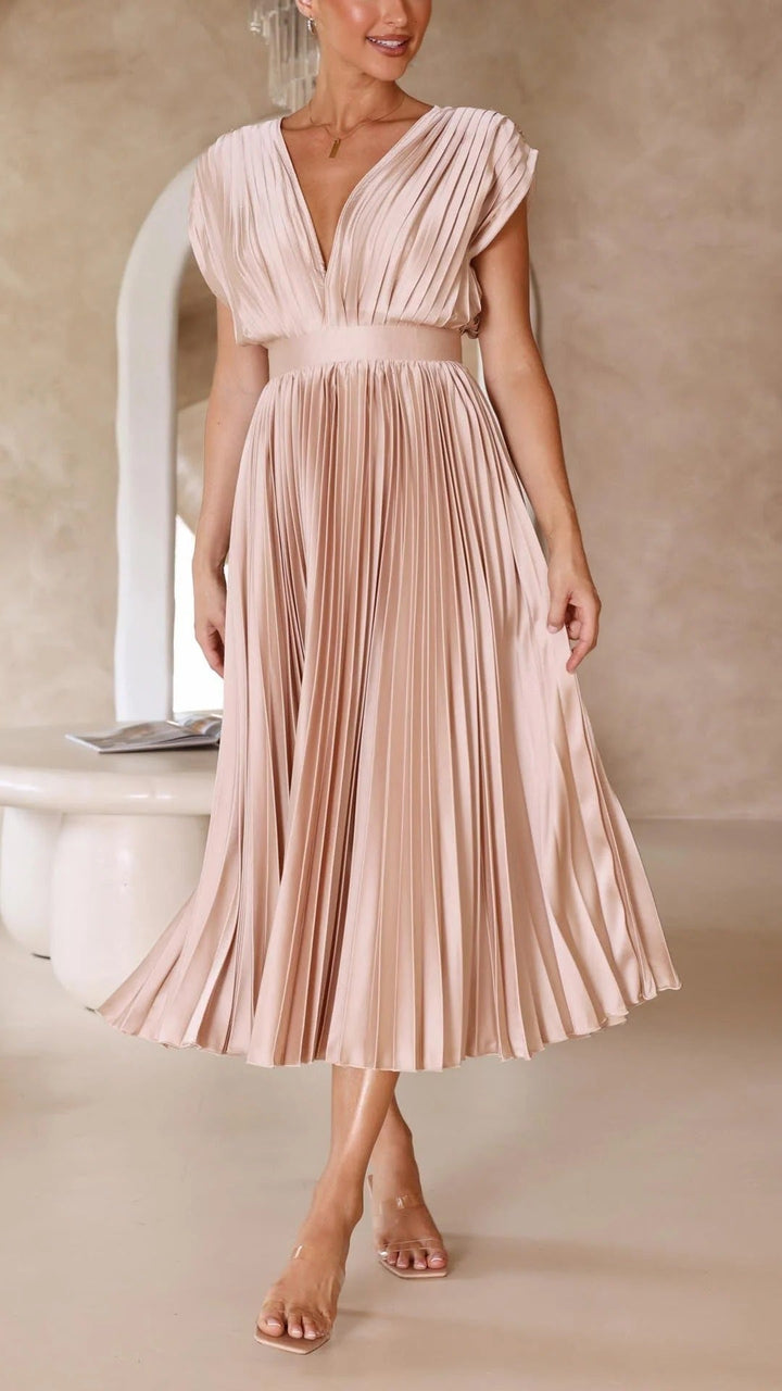 Women's Pleated V-Neck Long Dress
