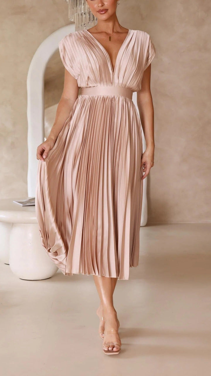 Women's Pleated V-Neck Long Dress