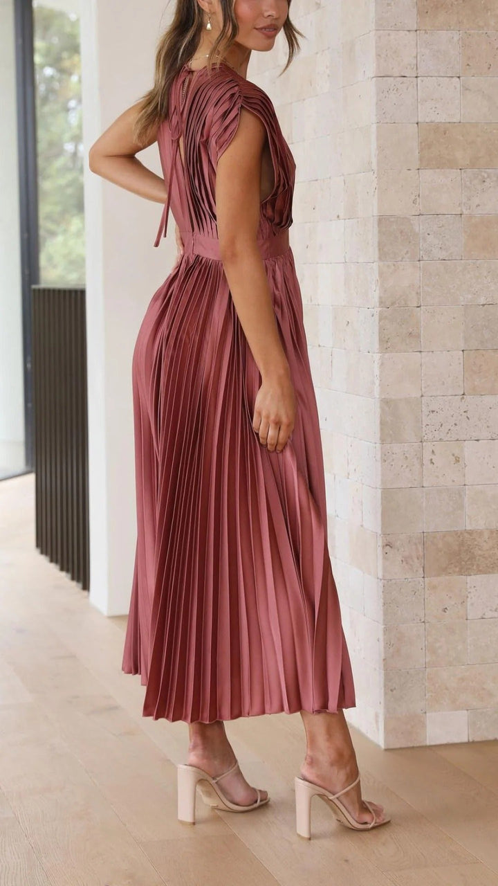 Women's Pleated V-Neck Long Dress
