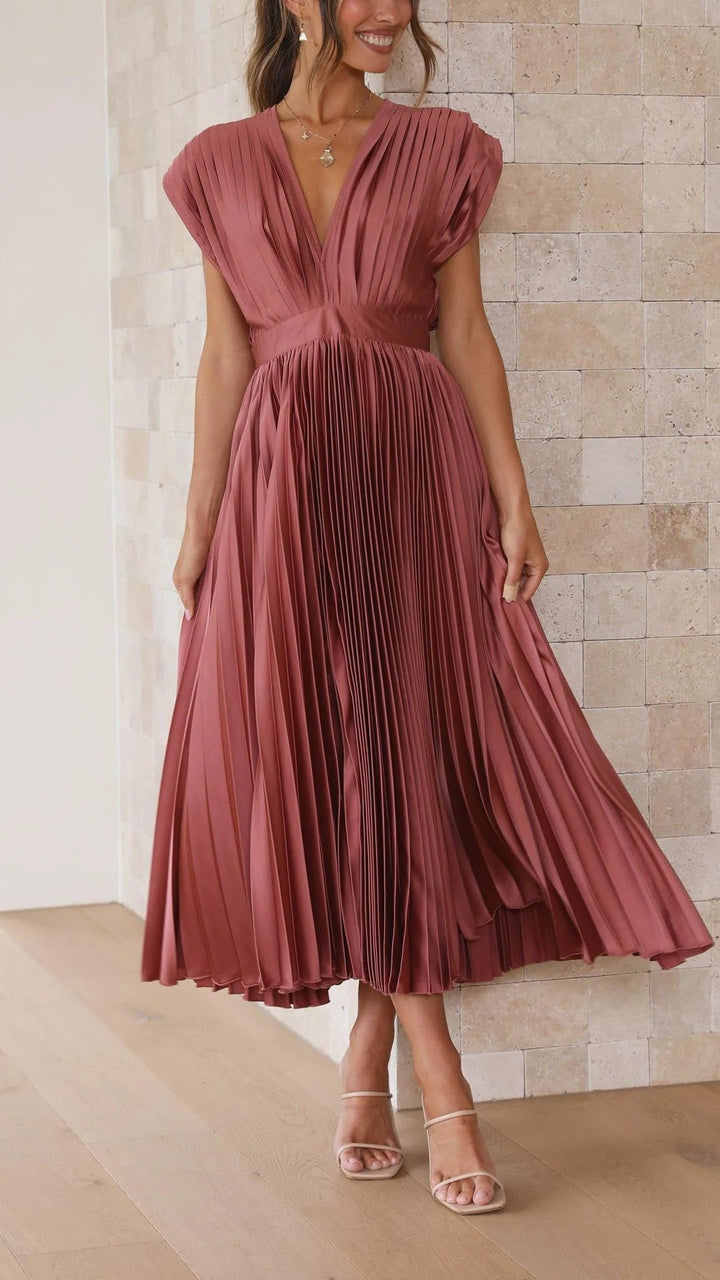 Women's Pleated V-Neck Long Dress