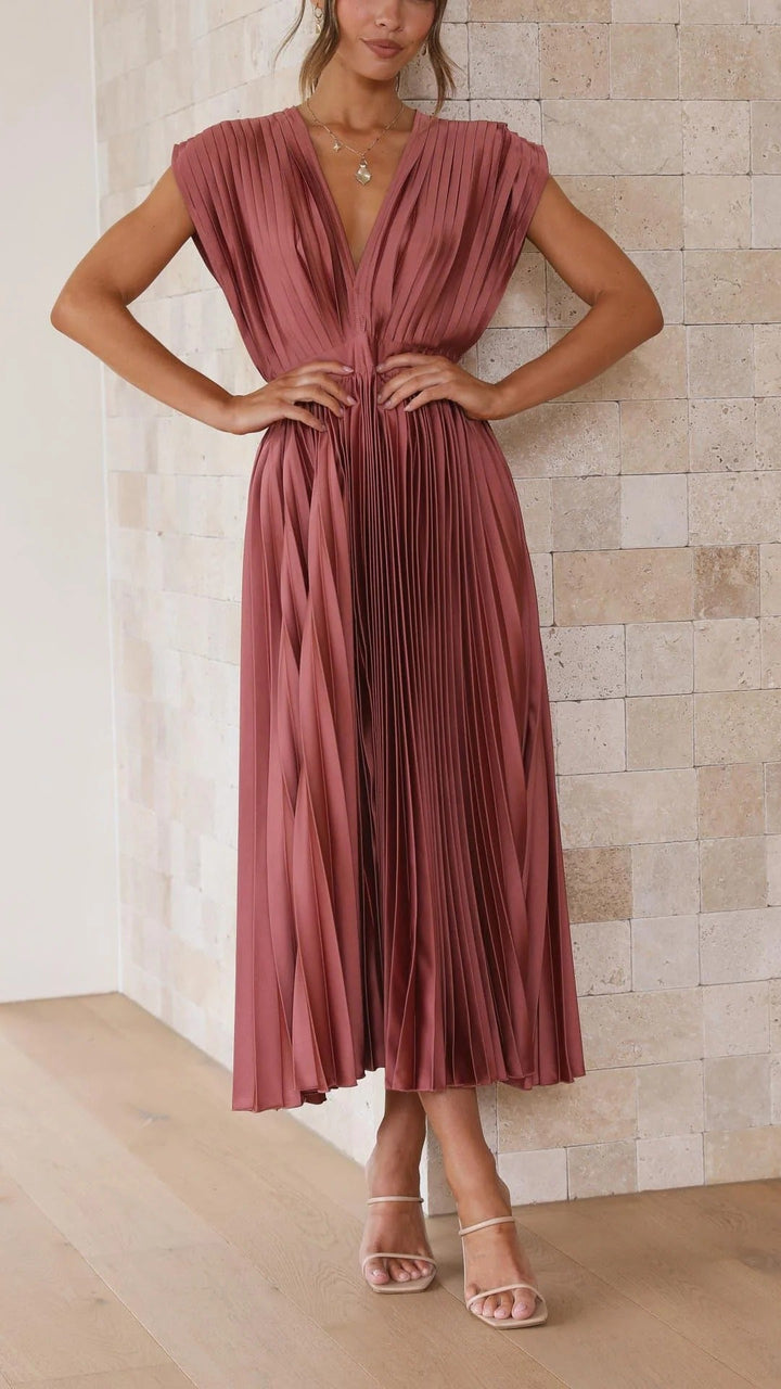Women's Pleated V-Neck Long Dress