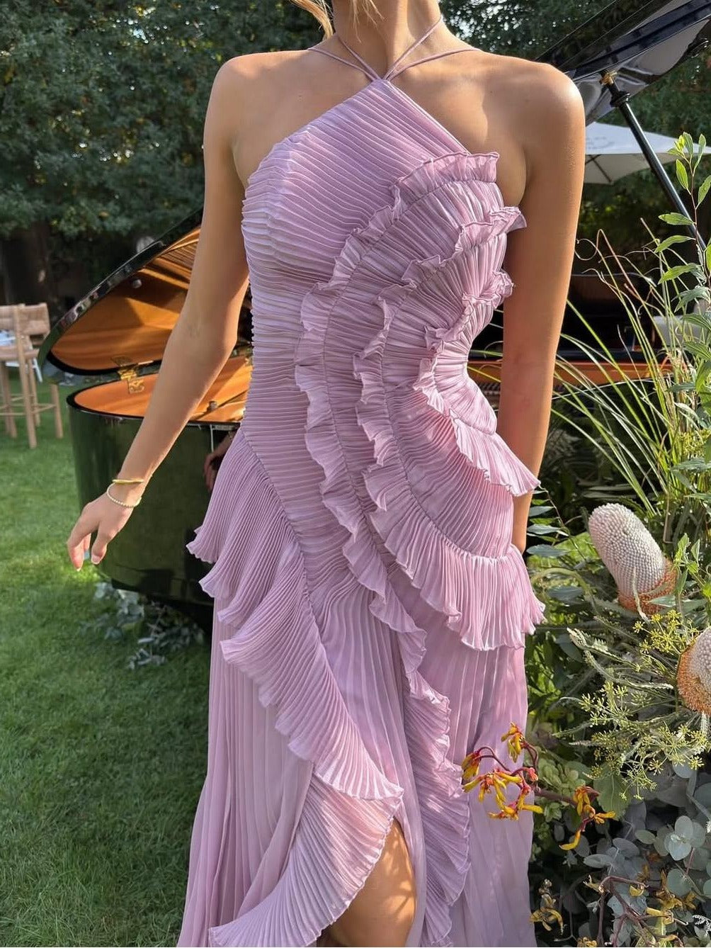 Women's One-Shoulder Pleated Maxi Dress