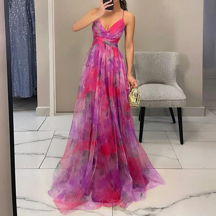 Women's Floral Maxi Dress with Pleats