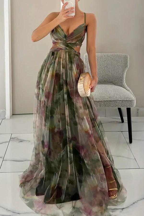 Women's Floral Maxi Dress with Pleats