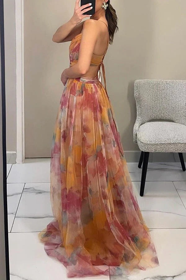 Women's Floral Maxi Dress with Pleats