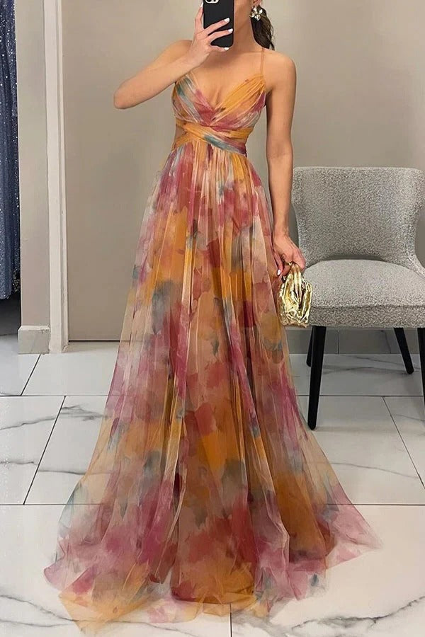 Women's Floral Maxi Dress with Pleats
