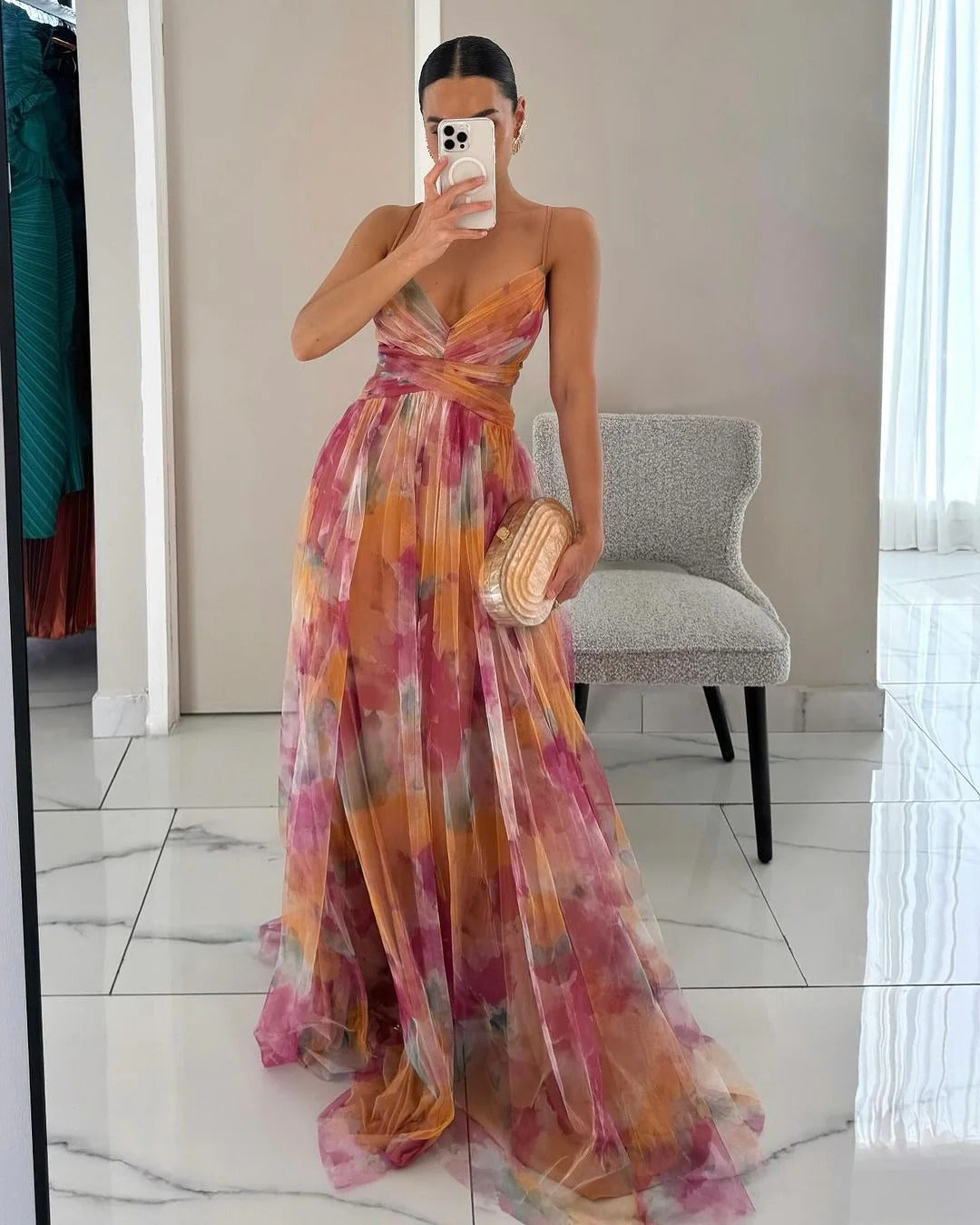 Women's Floral Maxi Dress with Pleats