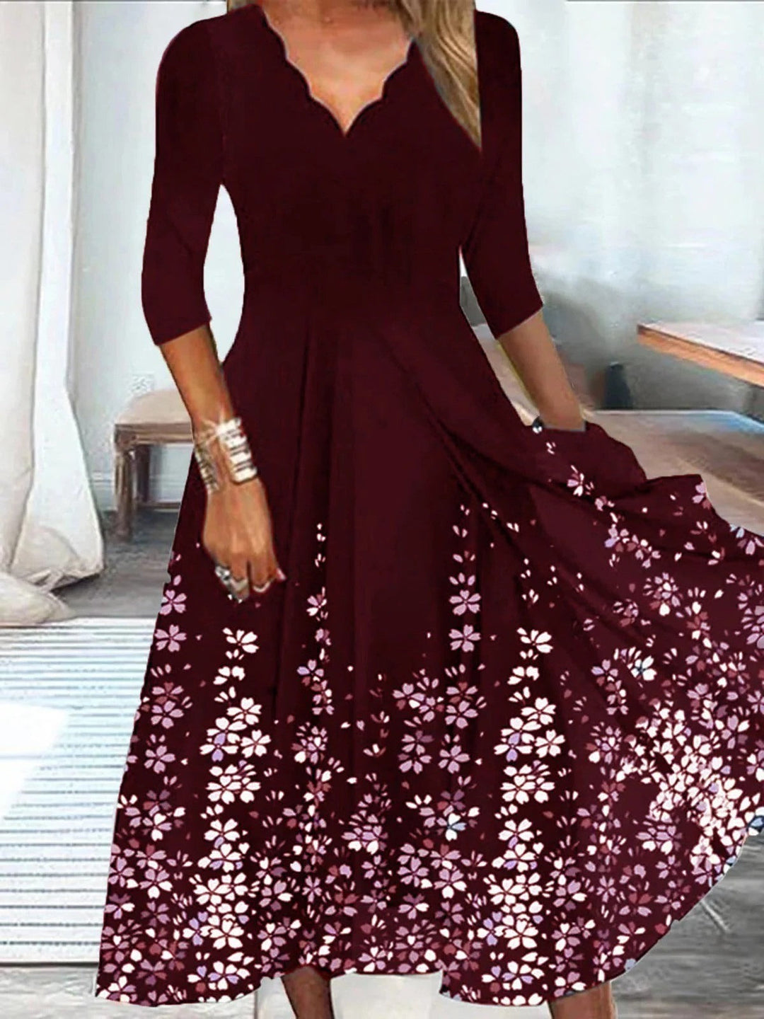 Women's Floral V-Neck Maxi Dress with Loose Fit