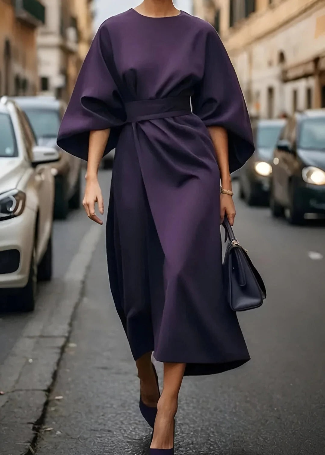 Women's Loose Fit Belted Maxi Dress with Kimono Sleeves