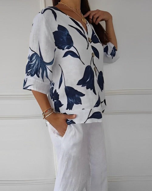 Women's Floral V-Neck Casual Blouse