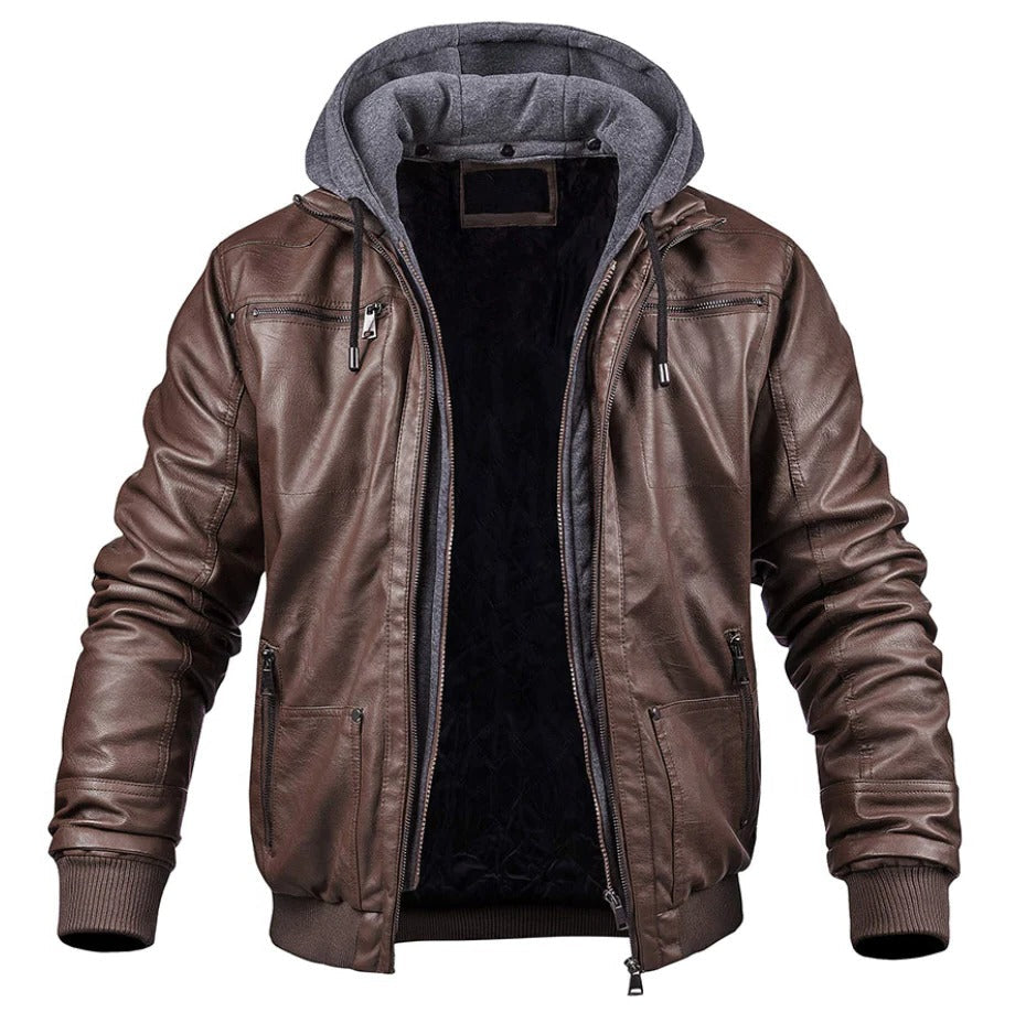 Men's Stylish PU Leather Winter Jacket with Hood