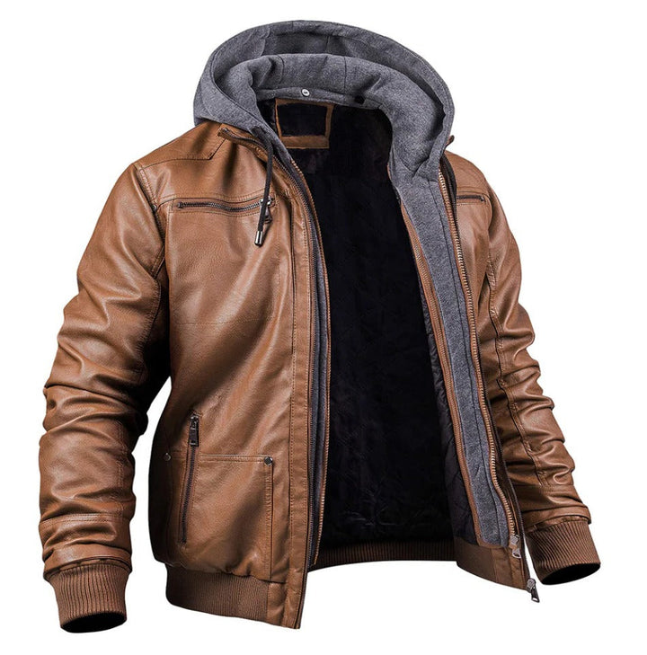 Men's Stylish PU Leather Winter Jacket with Hood