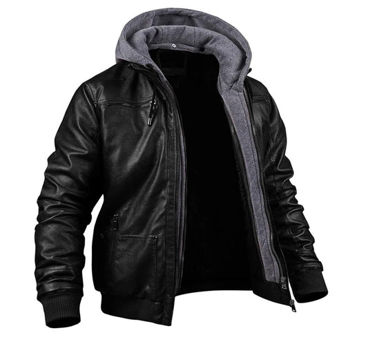 Herrenjacke aus PU-Leder mit Kapuze - gefütterte Winteroberbekleidung
