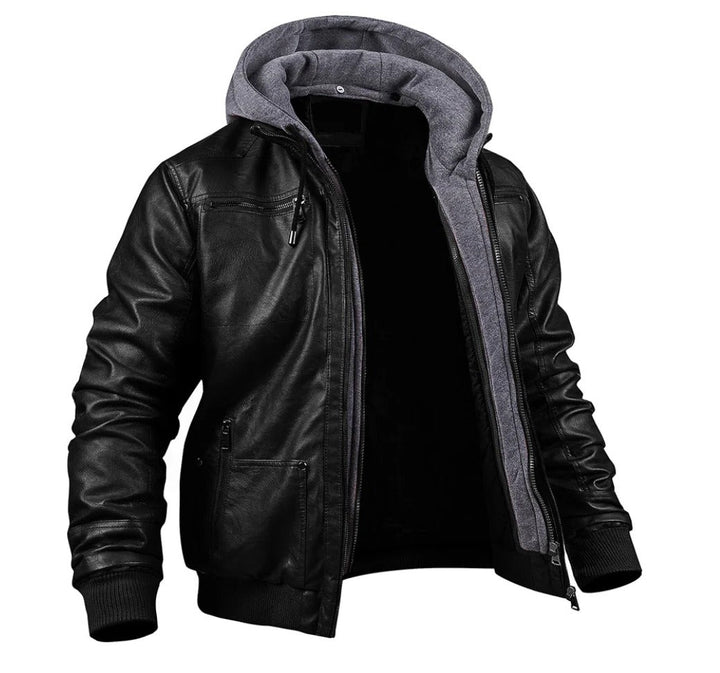 Men's Stylish PU Leather Winter Jacket with Hood