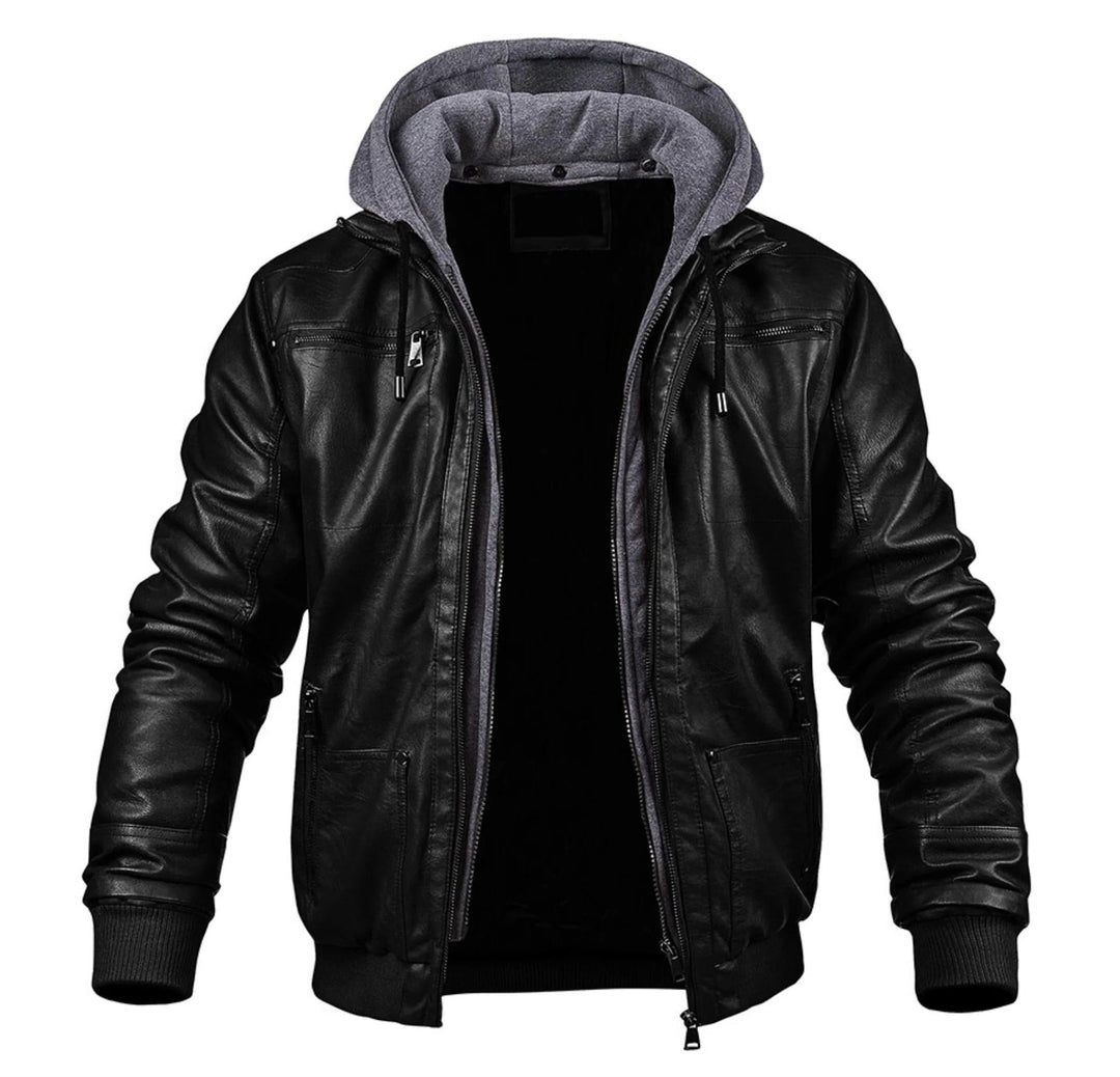 Men's Stylish PU Leather Winter Jacket with Hood
