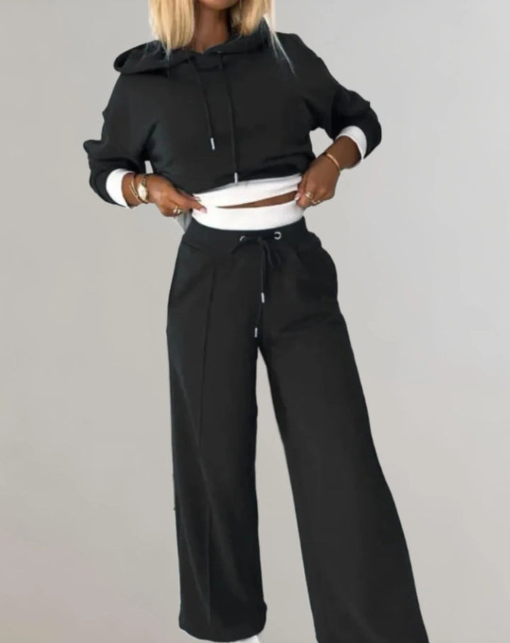 Women's Two-Tone Cropped Hoodie and Adjustable Jogging Pants Set