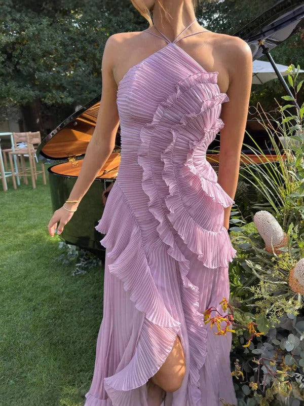 Women's Pleated Halter Midi Dress for Elegant Summer Style