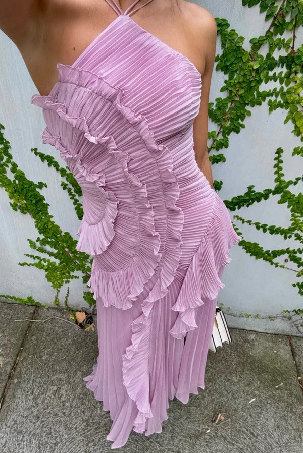 Women's Pleated Halter Midi Dress for Elegant Summer Style