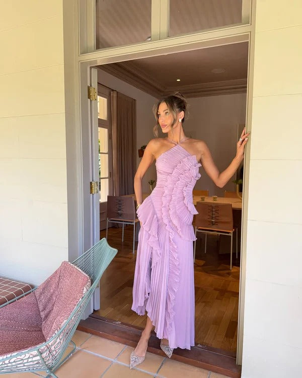 Women's Pleated Halter Midi Dress for Elegant Summer Style