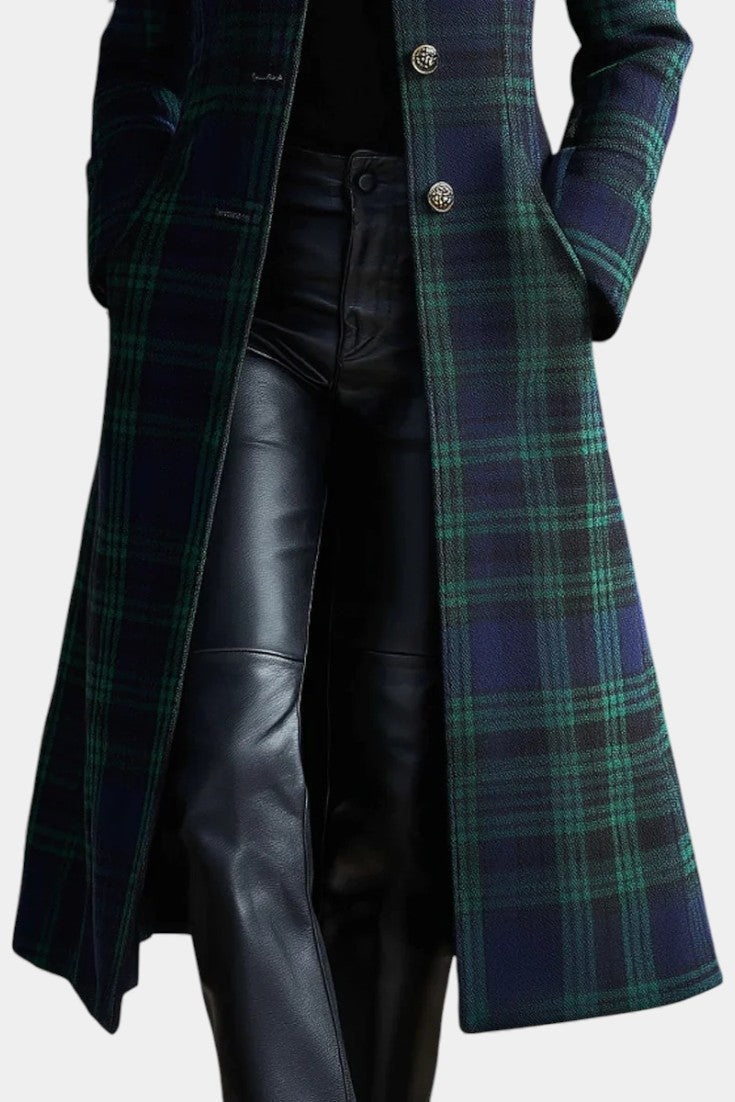 Women's Midi Coat with Two-Tone Check Pattern