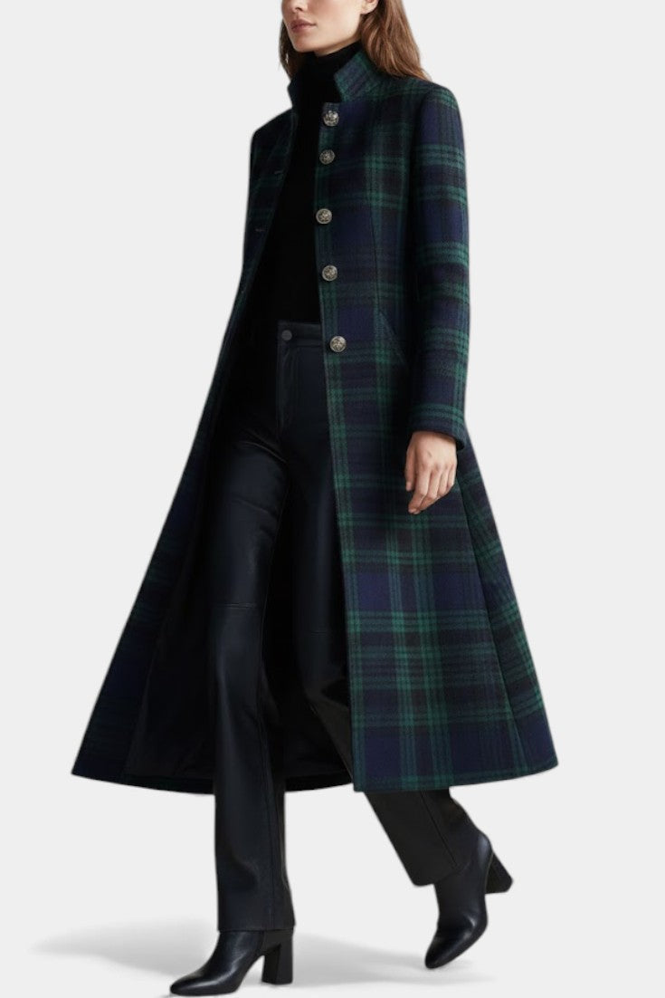 Women's Midi Coat with Two-Tone Check Pattern