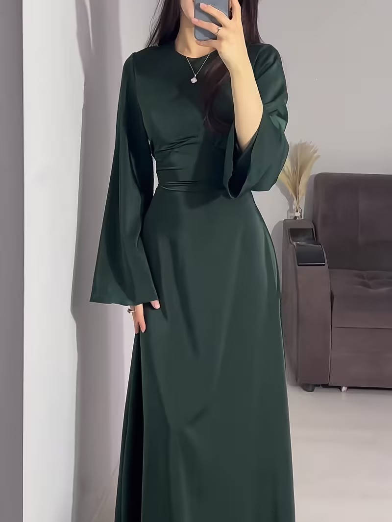 Women's Satin Back Lace Up Maxi Dress with Round Neck and Long Sleeves