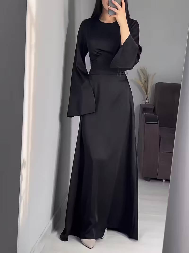 Women's Satin Back Lace Up Maxi Dress with Round Neck and Long Sleeves