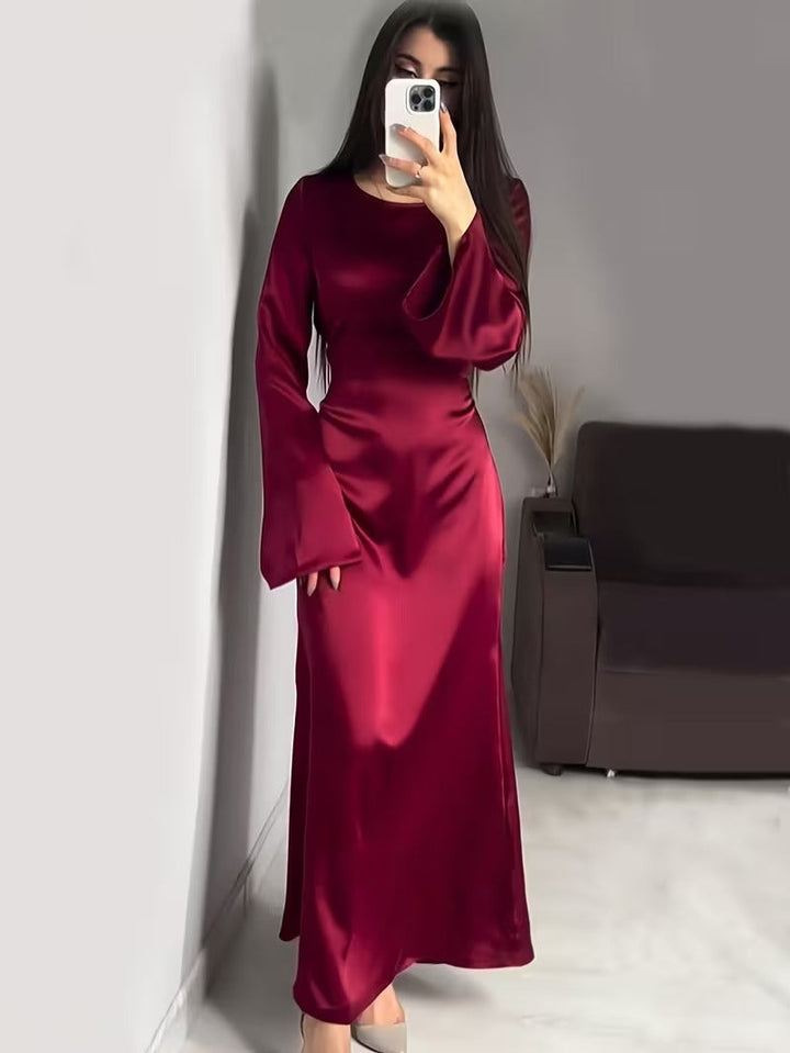 Women's Satin Back Lace Up Maxi Dress with Round Neck and Long Sleeves