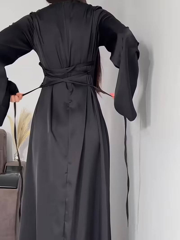 Women's Satin Back Lace Up Maxi Dress with Round Neck and Long Sleeves