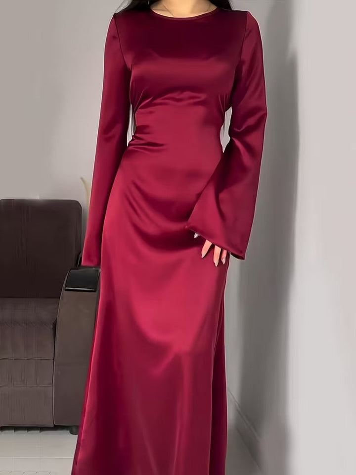 Women's Satin Back Lace Up Maxi Dress with Round Neck and Long Sleeves