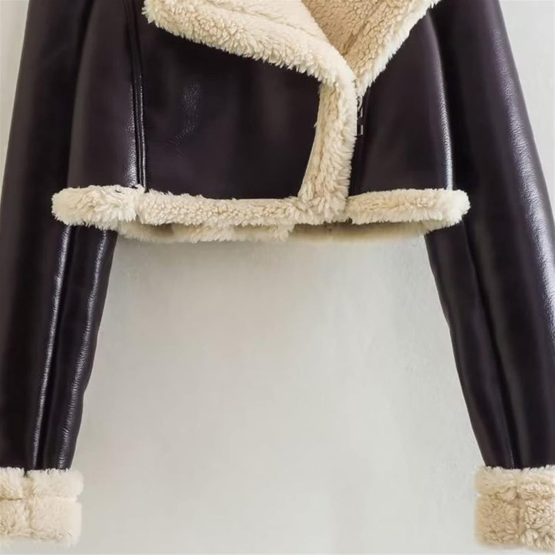 Women's Faux Leather Cropped Jacket with Shearling Lining