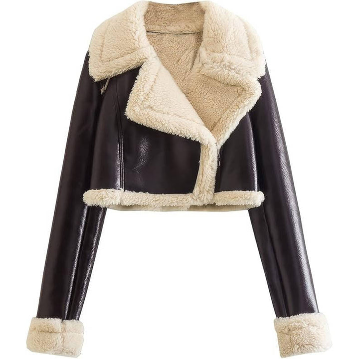 Women's Faux Leather Cropped Jacket with Shearling Lining